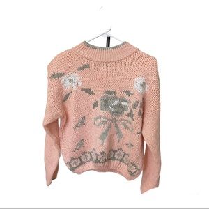 Viewpoint Vintage Cottagecore Sweater Knitted By Hand Medium M Pink Gray White.